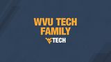 A gold and blue computer wallpaper that says "WVU Tech Family"